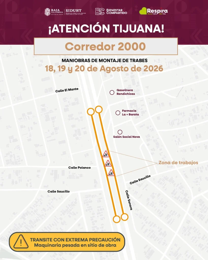 Montaje de trabes en el Corredor 2000 generará maniobras viales del 18 al 20 de agosto