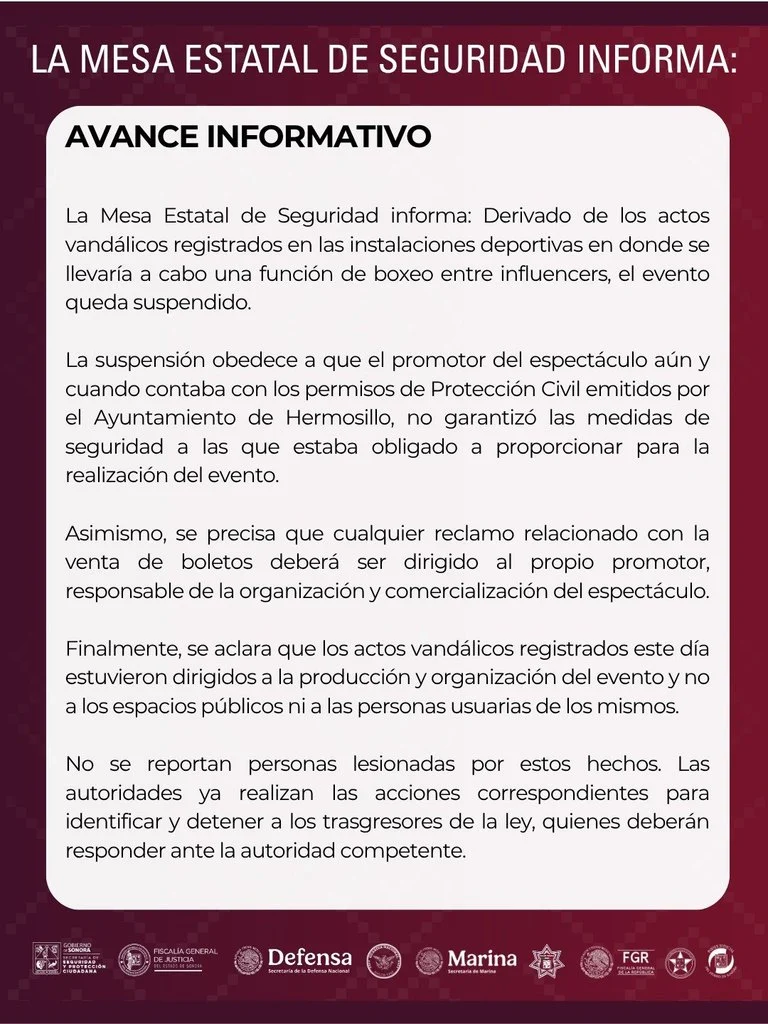 Cancelan evento de boxeo de influencers en Hermosillo tras actos vandálicos en el CUM