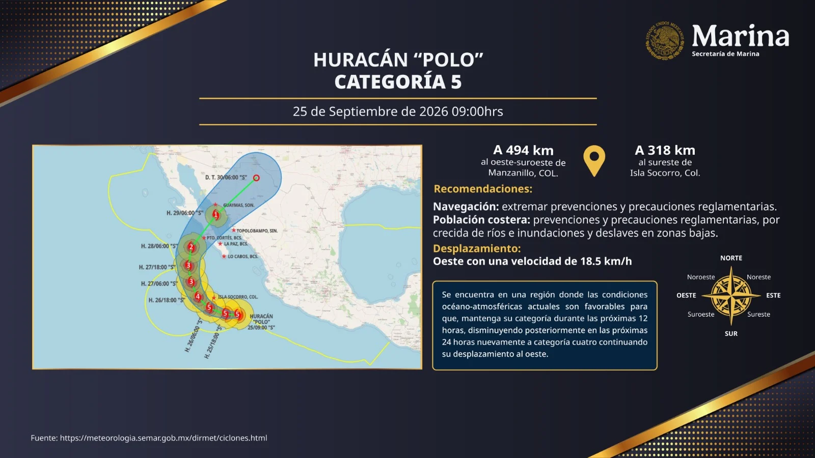 Huracán Polo alcanza categoría 4 en el Pacífico; activan Alerta Azul en 14 municipios de Sonora
