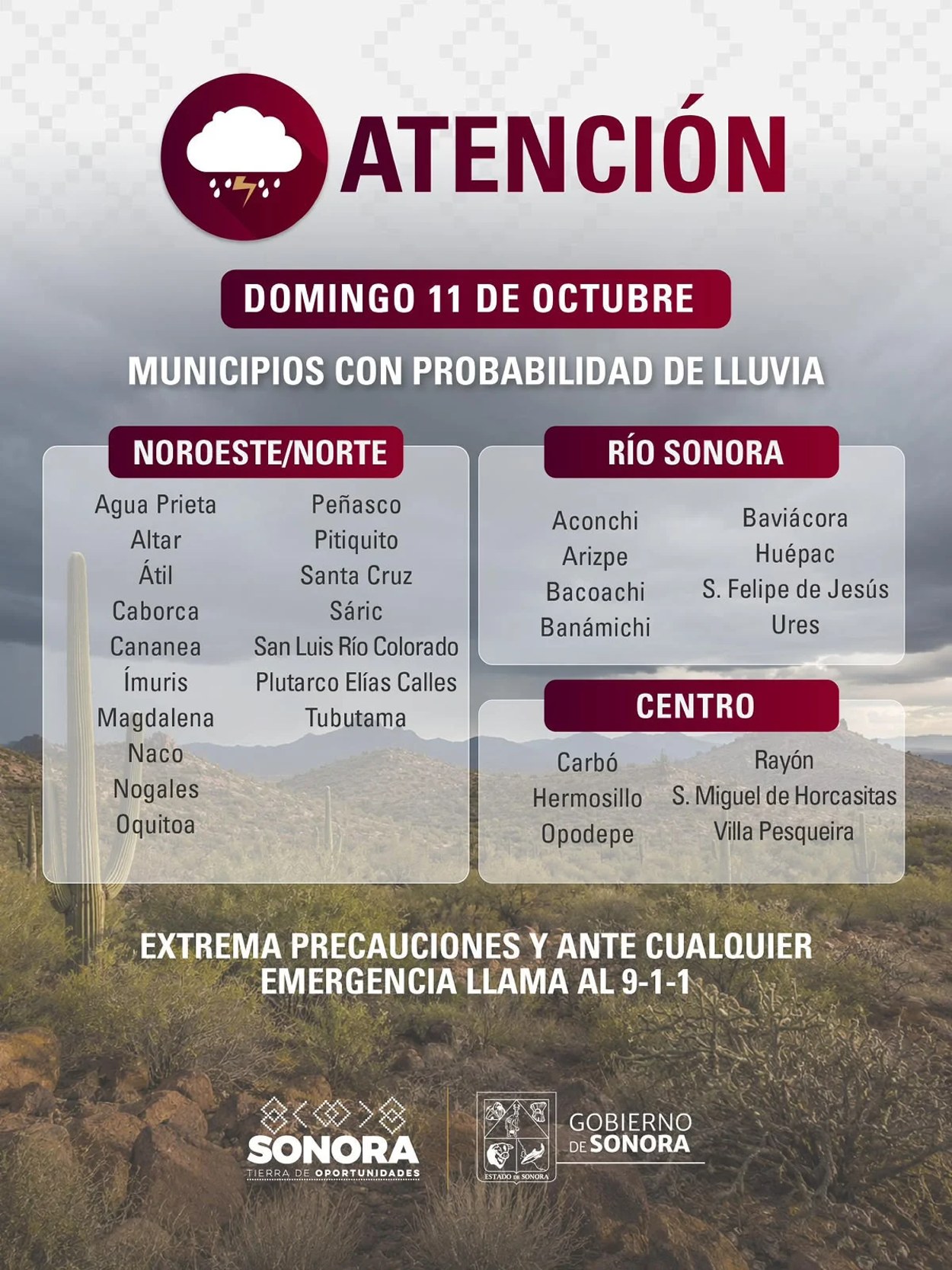 Gobernador Durazo mantiene vigilancia y acciones permanentes por efectos de “Rachel” en Sonora