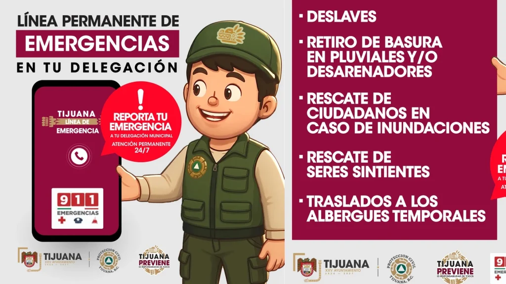 Habilitan líneas de emergencia 24/7 por lluvias en las nueve delegaciones de Tijuana