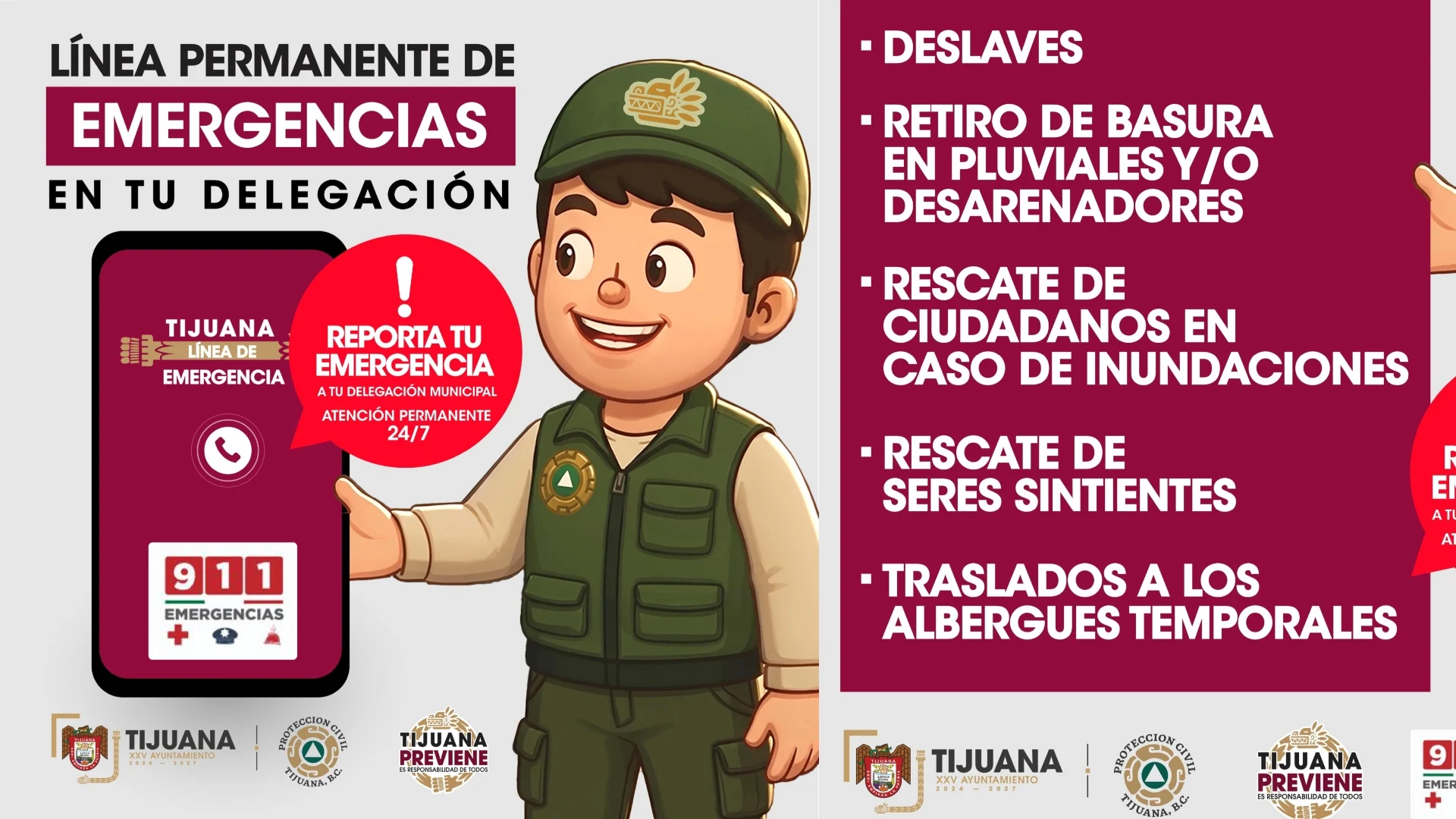 Habilitan líneas de emergencia 24/7 por lluvias en las nueve delegaciones de Tijuana